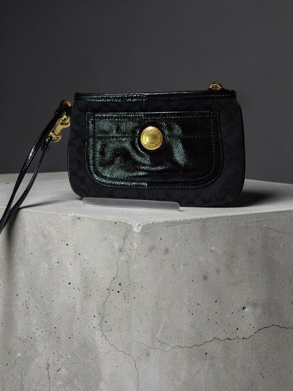Coach Black Signature Wristlet with Patent Trim and Gold Button
